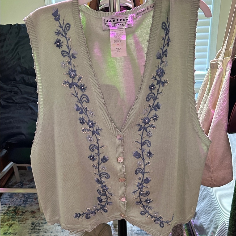 90s Jantzen Women's Button Down Vest - Cream and Blue